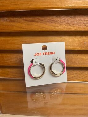 Joe Fresh Gold Hoop Earrings with Pink Accent & Sparkly Stones